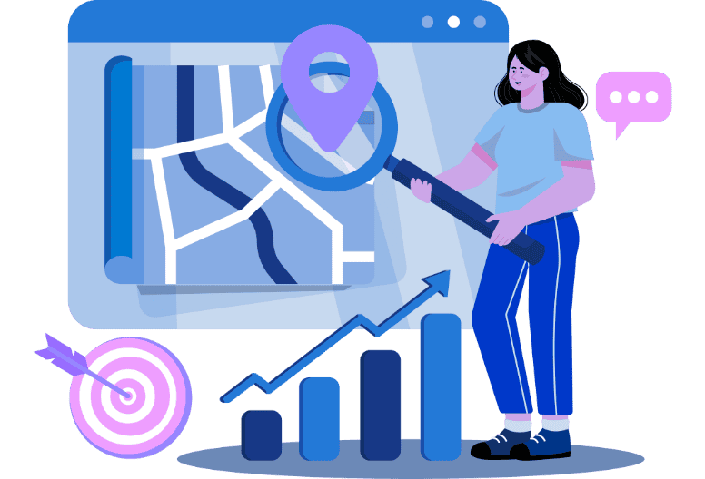 Local SEO expert analyzing a digital map with a magnifying glass, showcasing growth charts and a target symbol, emphasizing local business optimization strategies.