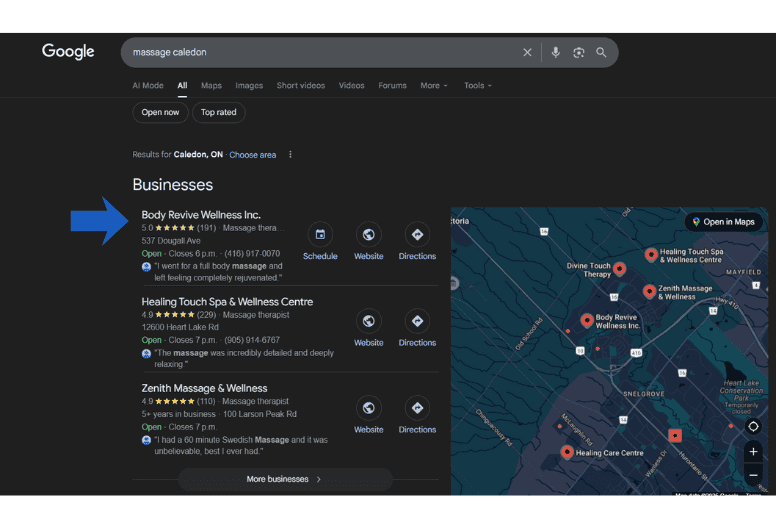 Body Revive Wellness Inc. highlighted on Google Maps with 5-star rating, showcasing local SEO success for increased visibility and customer engagement.