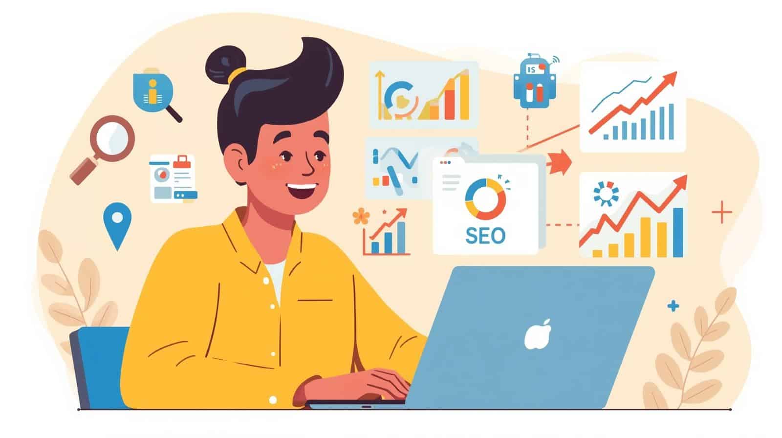 Small business owner smiling while reviewing SEO data and charts on a laptop, surrounded by icons representing local search, analytics, and optimization.