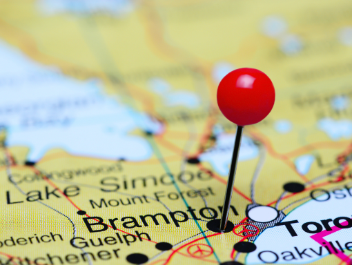 Map of Canada with a red pin marking Brampton, emphasizing local SEO services for businesses in Brampton, Ontario.